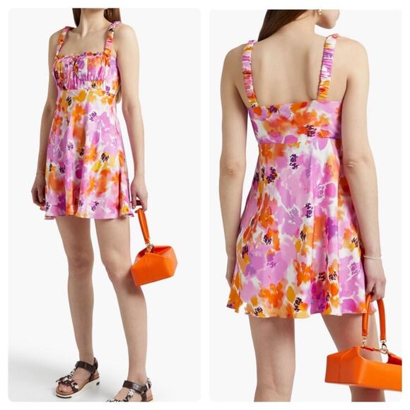 NICHOLAS Simie Gathered Floral-Print Satin-Twill Mini Dress Pink - Picture 1 of 16